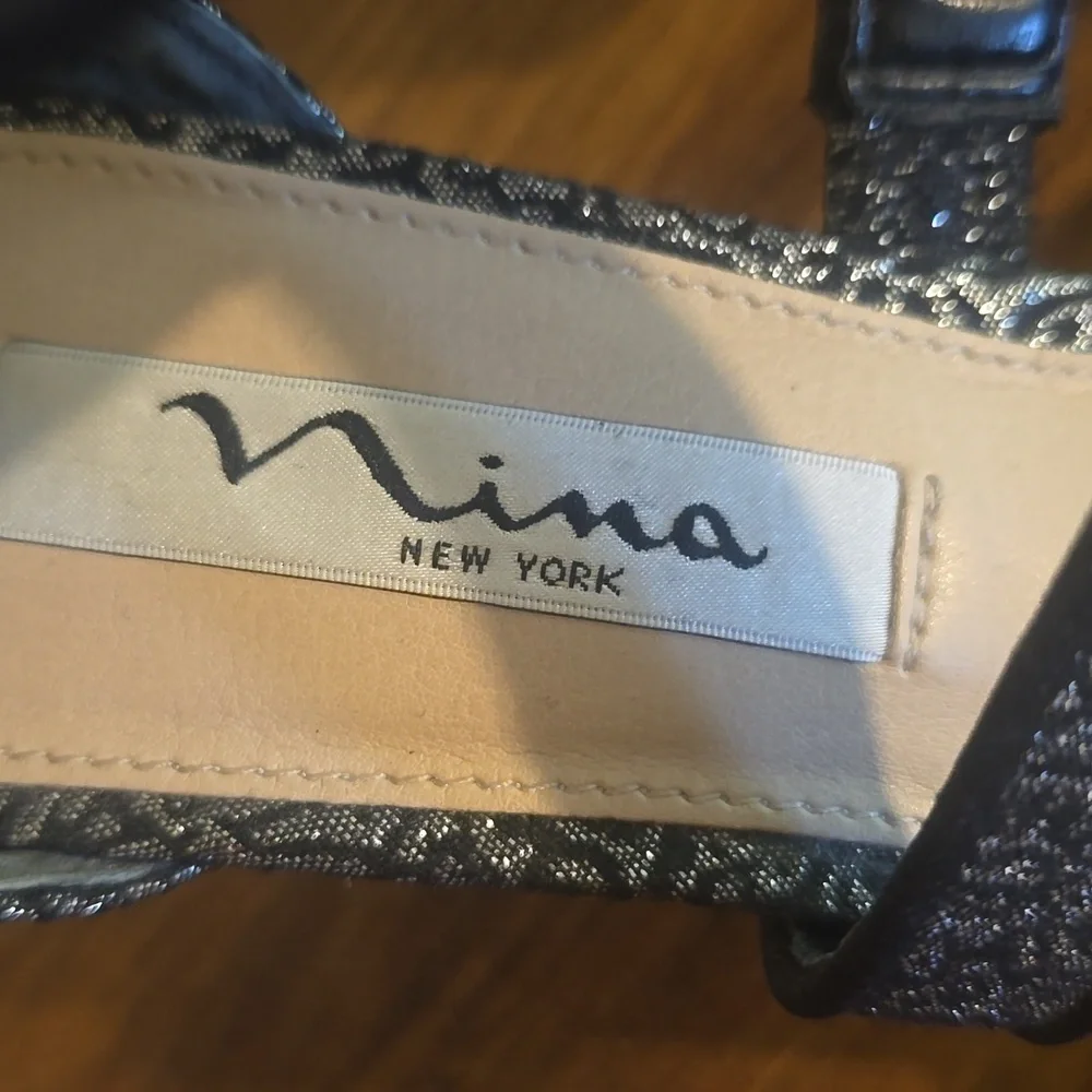 Nina New York |Black & Silver Jacquard Slip On Back Zip HEELS Fancy Elegant 8